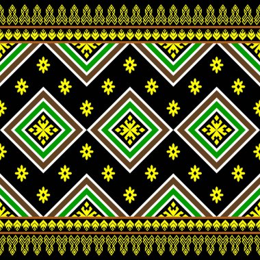 Kahverengi Yeşil Simetri Geometrik Meydanı Siyah Arkaplan 'da Kusursuz Desen Tasarımı. Doğu Nakış Biçimi