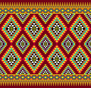 Kırmızı Arkaplanda Turuncu Yeşil Simetri Üçgeni Etnik Kusursuz Desen Tasarımı. Doğu Nakış Rhomboid Biçimi