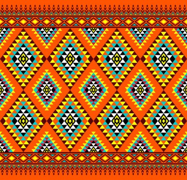 Turuncu Arkaplanda Sarı Kahverengi Simetri Üçgeni Etnik Kusursuz Desen Tasarımı. Doğu Nakış Rhomboid Biçimi