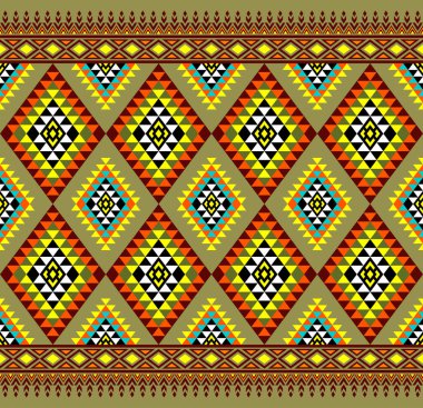 Düz Yeşil Arkaplanda Sarı Yeşil Simetri Üçgeni Etnik Kusursuz Desen Tasarımı. Doğu Nakış Rhomboid Biçimi