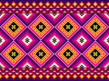 Orange Magenta Symmetry Two Square Geometric Ethnic Seamless Pattern Design on Purple Background. Eastern Embroidery Style