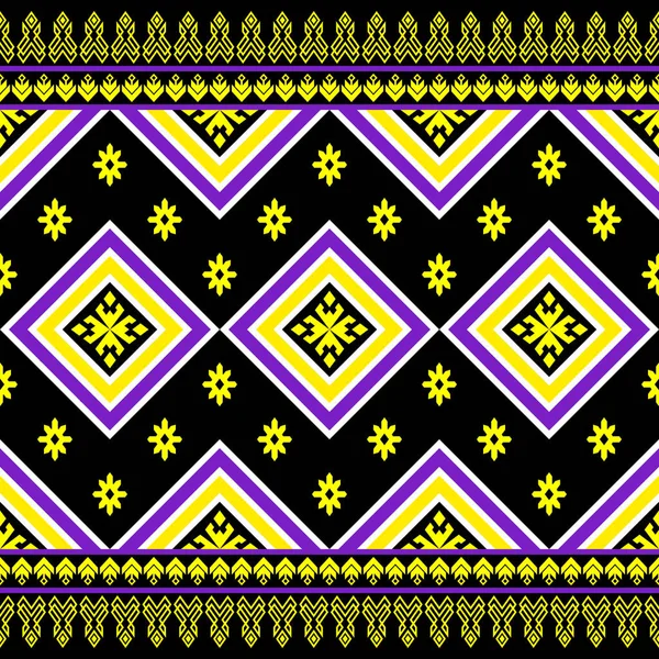 Фіолетова Жовта Симетрія Геометричний Квадрат Етнічний Безшовний Візерунок Дизайн Чорному — стоковий вектор