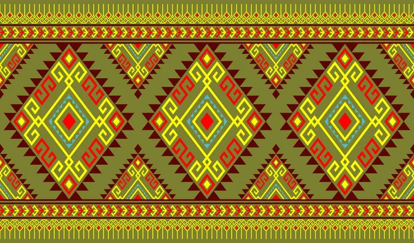 Yellow Red Brown Symmetry Geometric Ethnic Seamless Pattern Design Green — Stock Vector