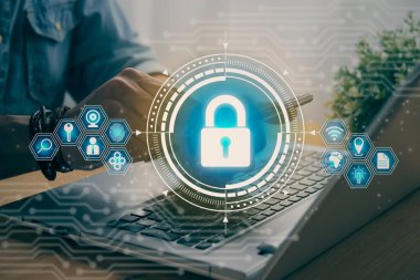 Casual Businessman Hand Touching Mobile Phone or Smart Phone Screen and Blue Lock Security Sign and Laptop Computer. Secure or Firewall and Protection Concept in Vintage Tone