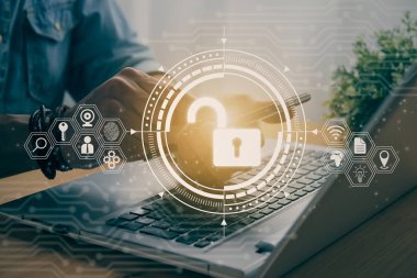 Casual Businessman Hand Touching Mobile Phone or Smart Phone Screen and Unlock Security Sign and Laptop Computer. Secure or Firewall and Protection Concept in Vintage Tone