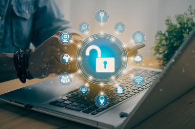 Casual Businessman Hand Touching Mobile Phone or Smart Phone Screen and Blue Circle Unlock Security Sign and Laptop Computer. Secure or Firewall and Protection Concept in Vintage Tone