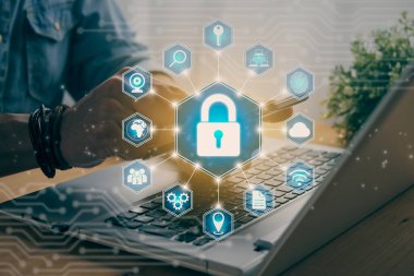 Casual Businessman Hand Touching Mobile Phone or Smart Phone Screen and Blue Hexagon Lock Security Sign and Laptop Computer. Secure or Firewall and Protection Concept in Vintage Tone