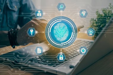 Casual Businessman Touching Mobile Phone or Smart Phone Screen and Blue Fingerprint and Hexagon Social Network Sign. Technology Communication and Security System Concept  in Vintage Tone