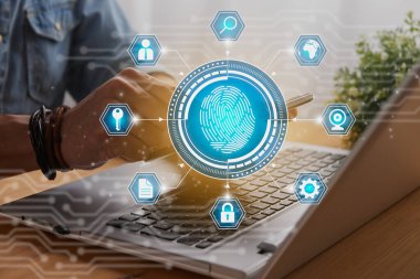 Casual Businessman Touching Mobile Phone or Smart Phone Screen and Blue Fingerprint and Hexagon Social Network Sign. Technology Communication and Security System Concept