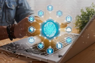 Casual Businessman Touching Mobile Phone or Smart Phone Screen and Blue Hexagonal Fingerprint and Social Network Sign. Technology Communication and Security System Concept