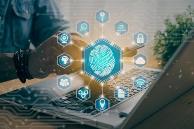 Casual Businessman Touching Mobile Phone or Smart Phone Screen and Blue Hexagonal Fingerprint and Social Network Sign. Technology Communication and Security System in Vintage ToneConcept