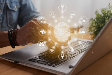 Casual Businessman Touching Mobile Phone or Smart Phone Screen and Circle Fingerprint and Social Network Sign. Technology Communication and Security System Concept