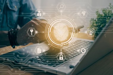 Casual Businessman Touching Mobile Phone or Smart Phone Screen and Fingerprint and Hexagon Social Network Sign. Technology Communication and Security System Concept in Vintage Tone