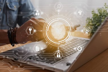 Casual Businessman Touching Mobile Phone or Smart Phone Screen and Fingerprint and Hexagon Social Network Sign. Technology Communication and Security System Concept