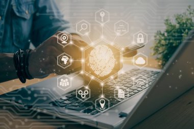 Casual Businessman Touching Mobile Phone or Smart Phone Screen and Hexagonal Fingerprint and Social Network Sign. Technology Communication and Security System Concept  in Vintage Tone