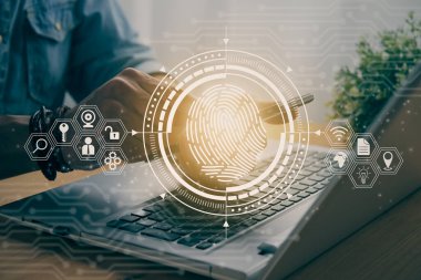 Casual Businessman Touching Mobile Phone or Smart Phone Screen and HUD Fingerprint and Social Network Sign. Technology Communication and Security System Concept in Vintage Tone