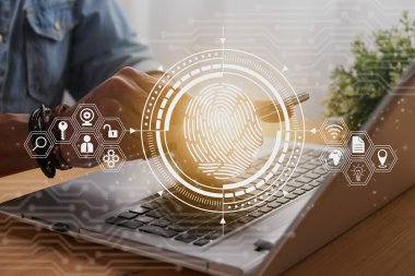 Casual Businessman Touching Mobile Phone or Smart Phone Screen and HUD Fingerprint and Social Network Sign. Technology Communication and Security System Concept