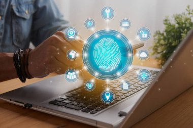 Casual Businessman Touching Mobile Phone or Smart Phone Screen and Blue Circle Fingerprint and Social Network Sign. Technology Communication and Security System Concept