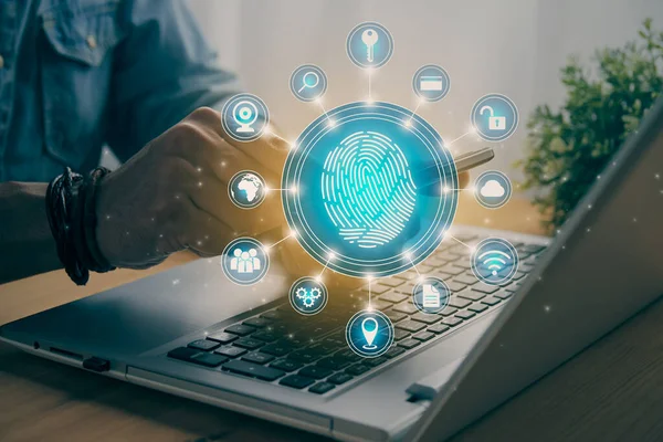 Casual Businessman Touching Mobile Phone or Smart Phone Screen and Blue Circle Fingerprint and Social Network Sign. Technology Communication and Security System Concept in Vintage Tone