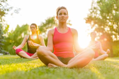 doğada yoga yaparken 3 kadın grubu