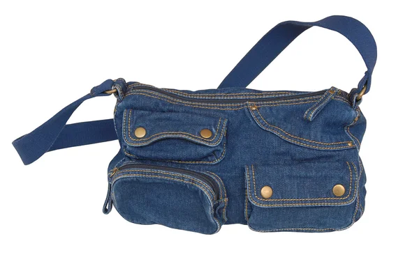 Una borsa in denim è su sfondo bianco . — Foto Stock