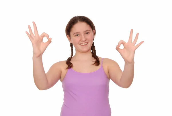 Happy girl shows OK sign. — Stock Photo, Image