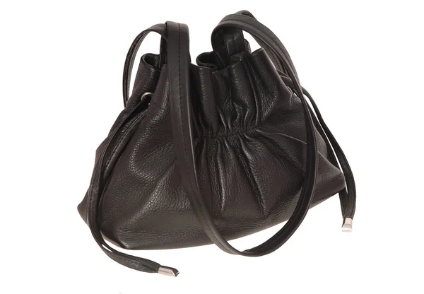 A black leather handbag is on white background. — Stock Photo, Image