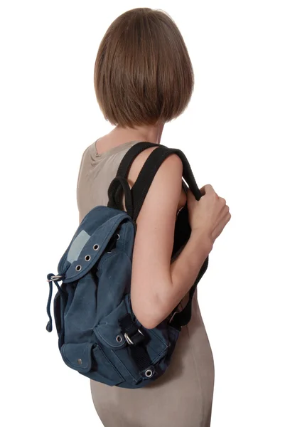 Blue rucksack is on woman — Stock Photo, Image