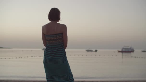 Vista trasera de la mujer en vestido de pie en la playa esperando el amanecer sobre el mar. Temprano por la mañana caminando en la orilla del mar. — Vídeo de stock