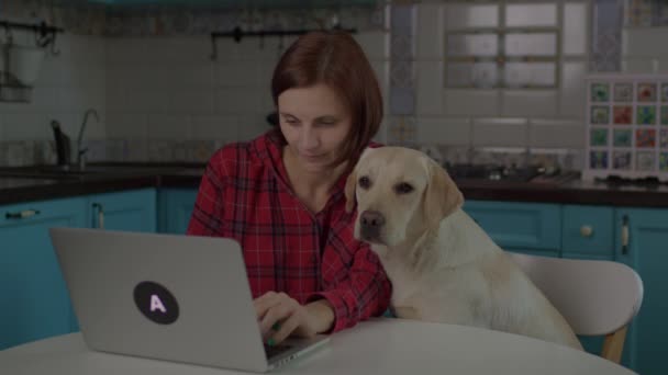 30s žena pomocí notebooku pracuje on-line z domova s Labrador retrívr štěně sedí poblíž. Domácí mazlíček se svým majitelem sedí u stolu v kuchyni. — Stock video