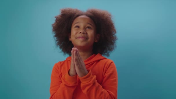 Menina afro-americana implorando olhando para o topo. Kid segurando as mãos dobradas implorando sobre algo de pé no fundo azul. Criança pedindo por favor. — Vídeo de Stock