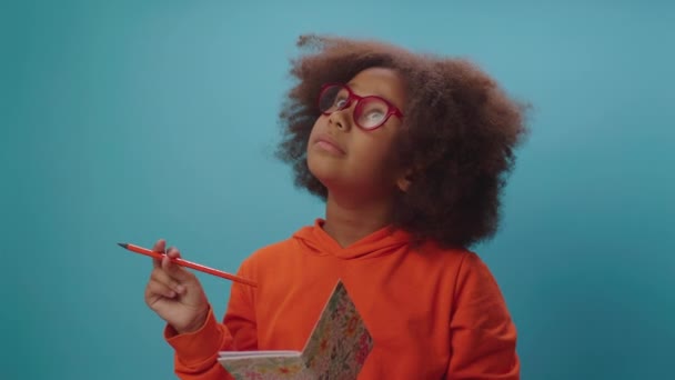 Pretty African American girl in eye glasses has an idea and writes down it in notebook. Clever kid thinking holding notebook and pencil in her hands. — Stockvideo