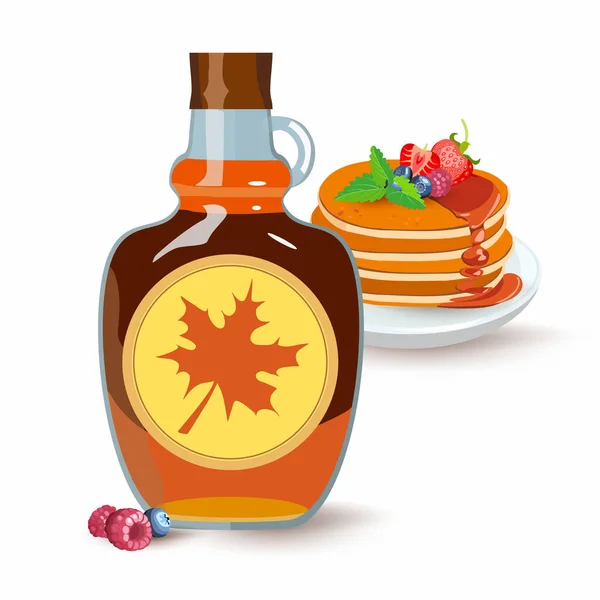 Bottle of natural sweet maple syrup with stacked pancakes with blueberry, strawberry and raspberry. Classic hotel breakfast, brunch healthy start day options food. Vector illustration. — Stock Vector