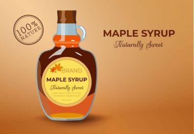 Bir şişe doğal akçaağaç şurubu, üzerine yaban mersini, çilek ve ahududu konmuş krep. Klasik otel kahvaltısı, brunch sağlıklı başlangıç günü. Vektör illüstrasyonu