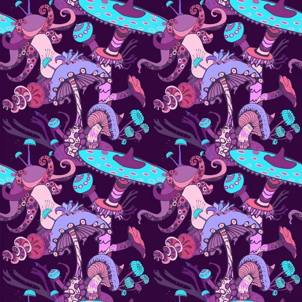 Çeşitli mantarlı, kusursuz bir fantezi. Güzel sihirli manzara düzeni, el çizimi konsept arka plan. Vektör illüstrasyonu.