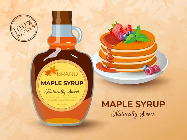 Bir şişe doğal akçaağaç şurubu, üzerine yaban mersini, çilek ve ahududu konmuş krep. Klasik otel kahvaltısı, brunch sağlıklı başlangıç günü. Vektör illüstrasyonu.