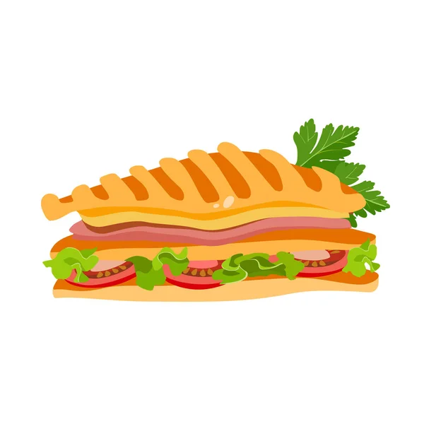 Sendvičová ikona pro klasickou hotelovou snídani. Toust se sýrem a slaninou. Brunch zdravý start den volby jídlo. Vektorová ilustrace. — Stockový vektor