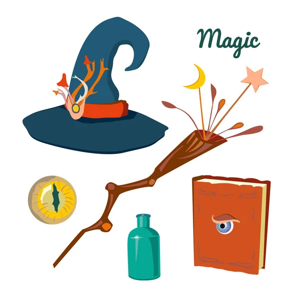 Μαγικά αντικείμενα με καπέλο, μάτια, φίλτρο σε μπουκάλι, μαγικό ραβδί, βιβλίο με ξόρκια. Ιδιότητες μάγου για το Χάλογουιν. Εικονογράφηση φορέα κινουμένων σχεδίων — Διανυσματικό Αρχείο