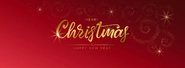Mutlu Noeller ve mutlu yıllar 2022. Elle çizilmiş tebrik kartı ve kırmızı arka planda altın parıltılı spiraller. Tatil davetiyeleri, afişler, posterler için panorama. Vektör illüstrasyonu.