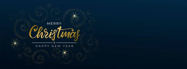 Mutlu Noeller ve mutlu yıllar 2022. Elle çizilmiş tebrik kartı ve mavi arka planda altın parıltılı spiraller. Tatil davetiyeleri, afişler, posterler için panorama. Vektör illüstrasyonu