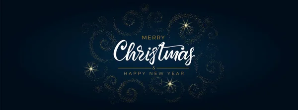 Mutlu Noeller ve mutlu yıllar 2022. Elle çizilmiş tebrik kartı ve mavi arka planda altın parıltılı spiraller. Tatil davetiyeleri, afişler, posterler için panorama. Vektör illüstrasyonu