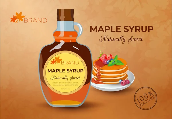 Bir şişe doğal akçaağaç şurubu, üzerine yaban mersini, çilek ve ahududu konmuş krep. Klasik otel kahvaltısı, brunch sağlıklı başlangıç günü. Vektör illüstrasyonu.