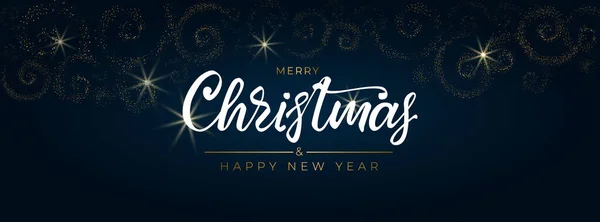 Mutlu Noeller ve mutlu yıllar 2022. Elle çizilmiş tebrik kartı ve mavi arka planda altın parıltılı spiraller. Tatil davetiyeleri, afişler, posterler için panorama. Vektör illüstrasyonu