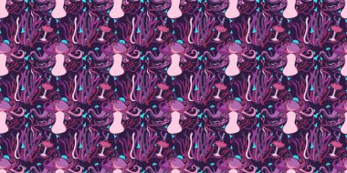 Çeşitli mantarlı, kusursuz bir fantezi. Güzel sihirli kumaş deseni, elle çizilmiş konsept arka plan. Vektör illüstrasyonu