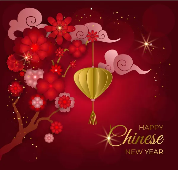 Китайский Новый 2022 год. Открытка с азиатскими облаками, красными цветами и золотым фонариком на красном фоне для приглашений, плакатов, баннеров. Векторная иллюстрация. — стоковый вектор