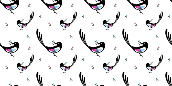 Beyaz arka planda gagasında elmas yüzük olan kusursuz Saksağan kuşları. Kuyumcu, düğün, çocuk kartı için. Vektör illüstrasyonu