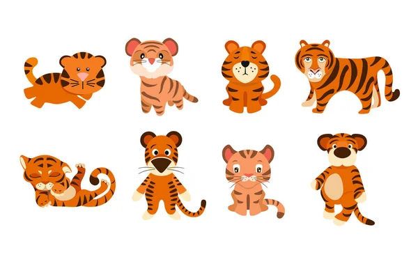 Çin Yeni Yılı 2022 kaplan yılı. Beyaz arka planda çizgi filmlerde farklı pozlarda şirin kaplanlar. Çocuk kıyafetleri, tebrik kartları, afişler, posterler tasarlamaya uygun. Vektör illüstrasyonu.