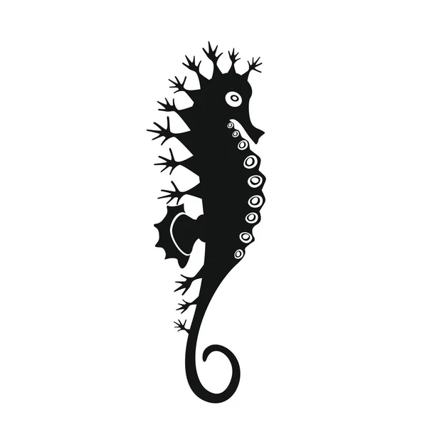Beyaz arkaplanda deniz atı simgesi. Dövme tasarımı için güzel bir siluet, düğün kartı, moda süsleri, logo, çocuklar, desen. Vektör illüstrasyonu.