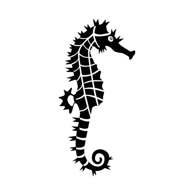 Beyaz arkaplanda deniz atı simgesi. Dövme tasarımı için güzel bir siluet, düğün kartı, moda süsleri, logo, çocuklar, desen. Vektör illüstrasyonu.