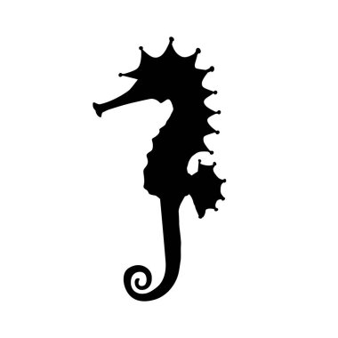 Beyaz arkaplanda deniz atı simgesi. Dövme tasarımı için güzel bir siluet, düğün kartı, moda süsleri, logo, çocuklar, desen. Vektör illüstrasyonu.